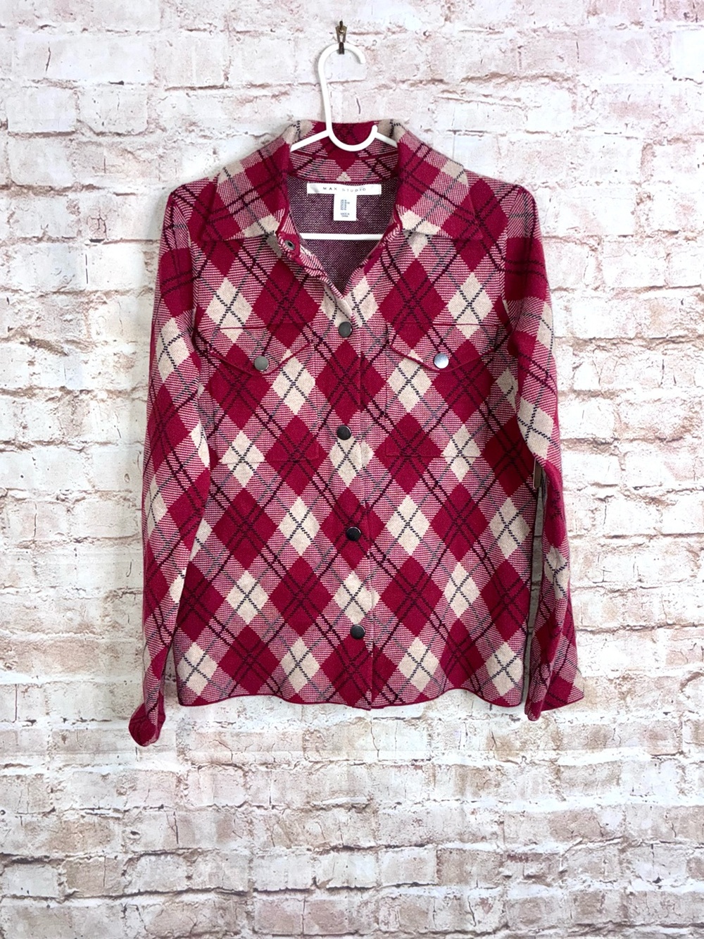 Max Studio Argyle Plaid Shacket in Red Cream Size Medium NEW